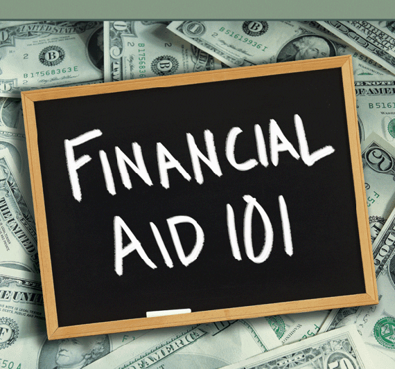 "Financial Aid 101"scribbled on a chalkboard.