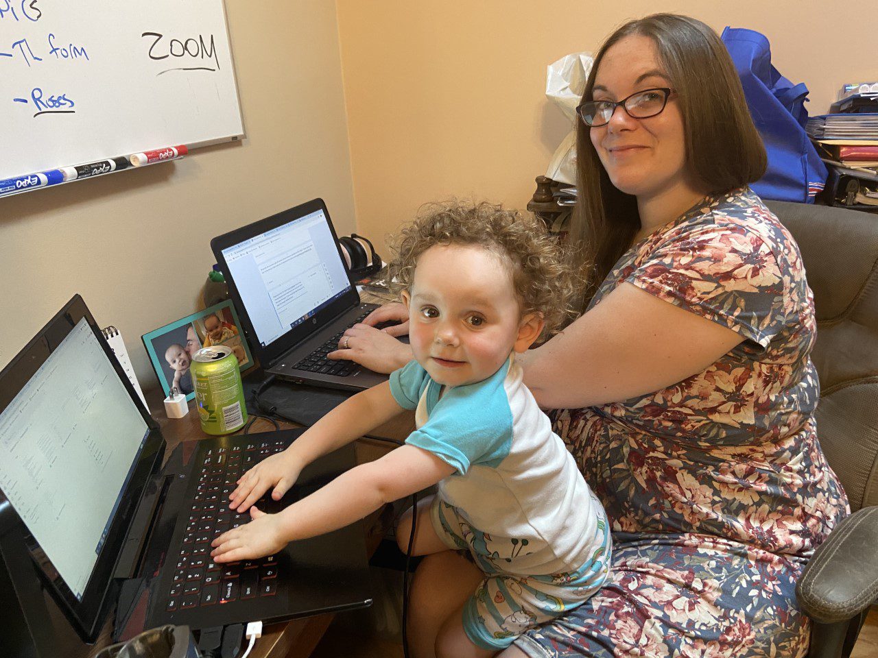 Mother and child working from home