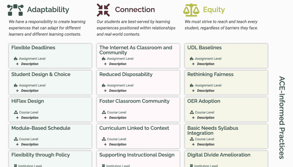 Screenshot describing Adaptability, Connection and Equity