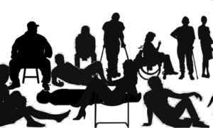 silhouette of different people reclining standing sitting including in wheelchair