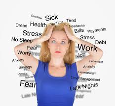 Woman grabbing her hair in stress surrounding by words such as fear, work, stress, payment, sick ect.