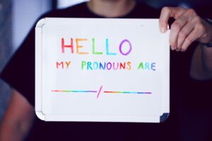 image of nametag saying hello my pronouns are