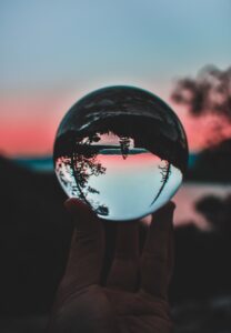 person holding a lens ball with a upside down reflection of a tree and lake